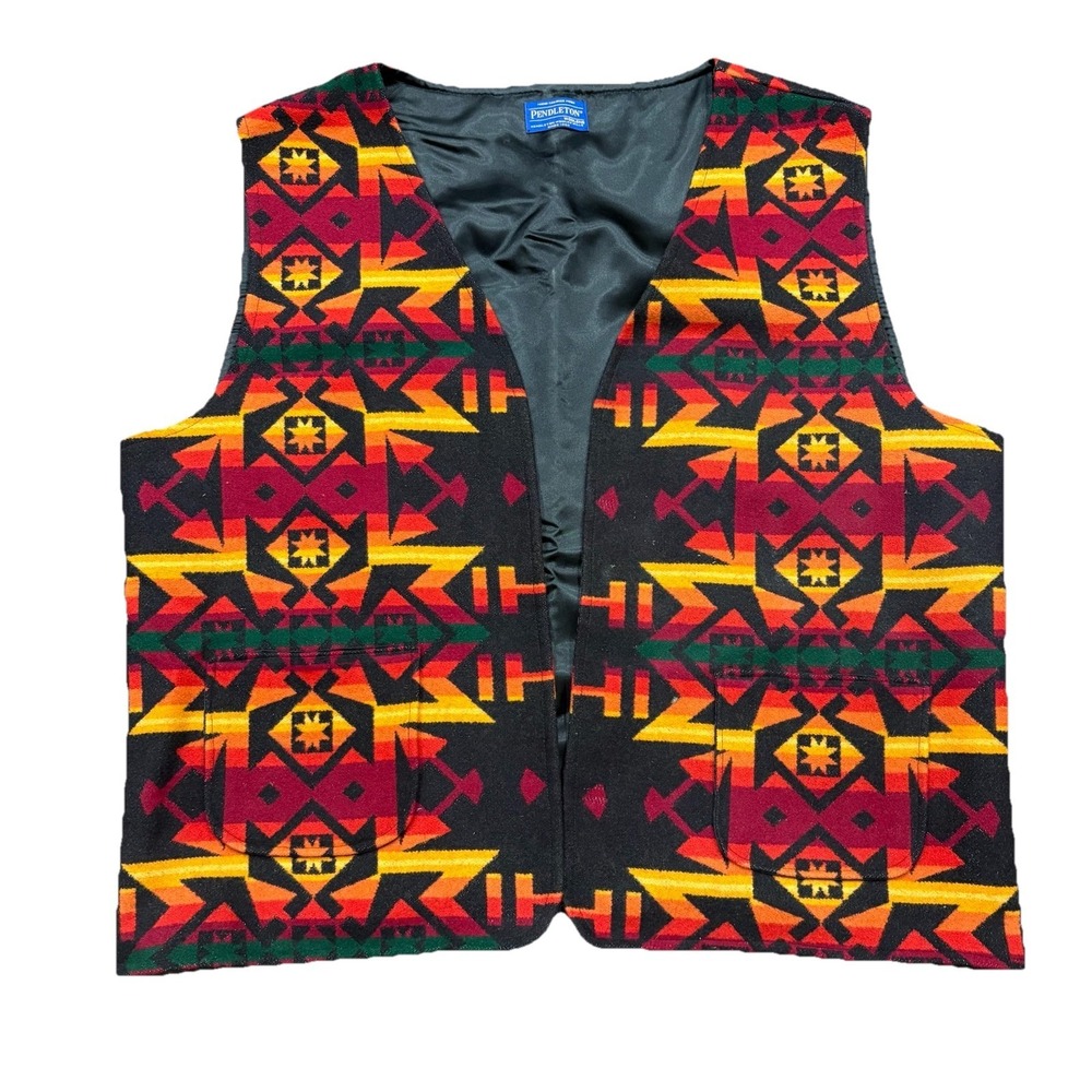Pendleton Wool Southwestern Geometric Vest Black Red Orange Men's XXL Vintage